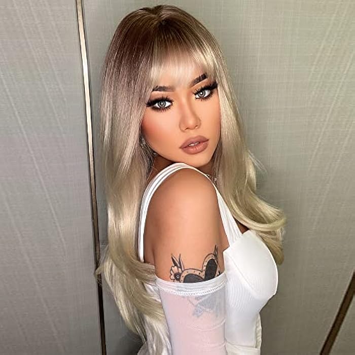 DILLARDS Emmor Ash Blonde Wig With Bangs Long Platinum Blonde Wave Wig Heat Resistant Synthetic Fiber Wigs Ombre Color Wig For Women Dark Brown Root Natural Looking - Image 1